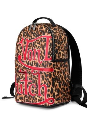 Von Dutch Leopard Print Backpack with Red Logo Accents